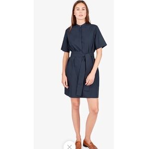 Everlane -Navy Cotton Collarless Belted Shirtdress